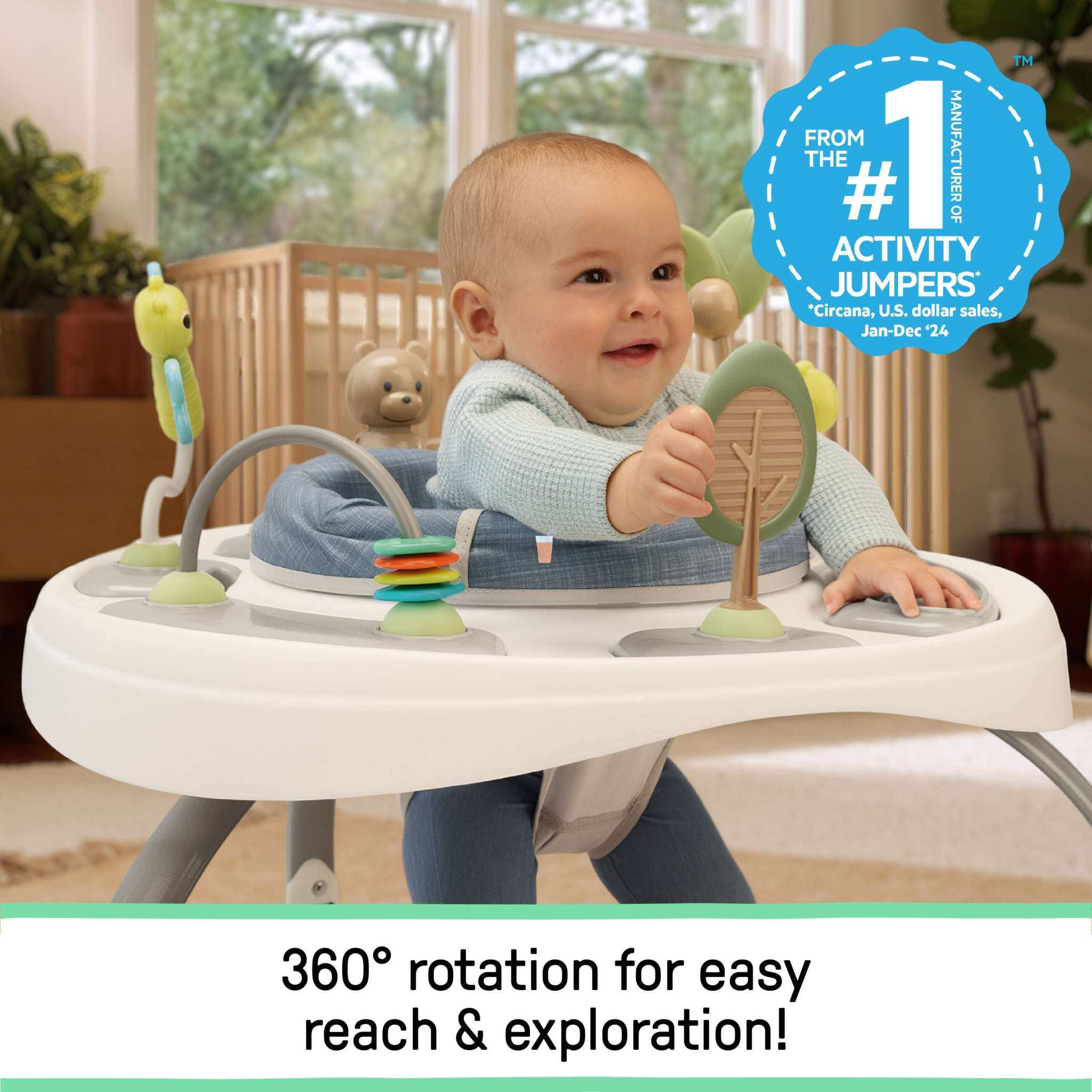 Ingenuity Bounce to Bloom 2-in-1 baby jumper and activity center with 360° rotating seat and sensory toys