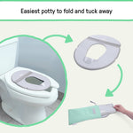 Ingenuity FoldAway Travel Potty Seat folded with travel bag for toddler toilet training on the go
