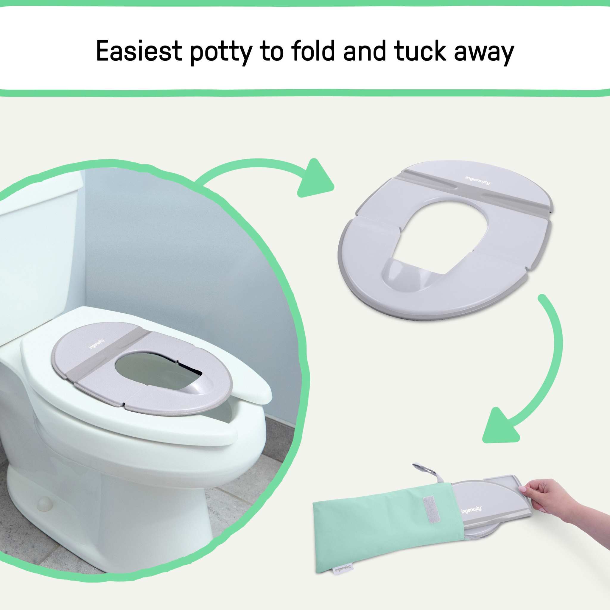 Ingenuity FoldAway Travel Potty Seat folded with travel bag for toddler toilet training on the go