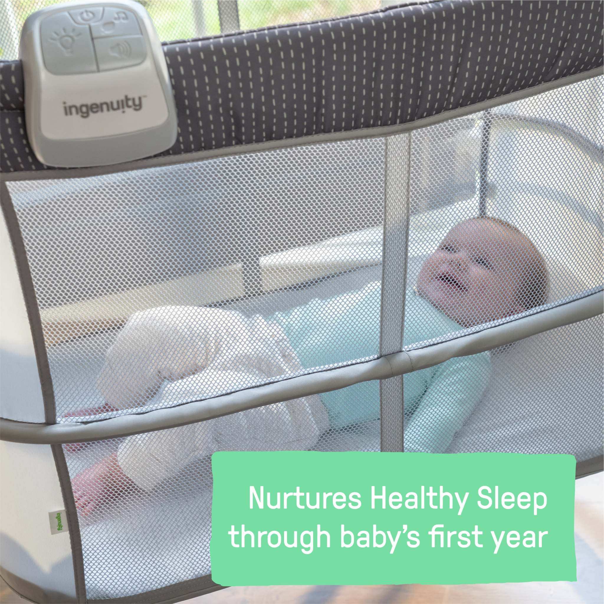 Ingenuity Dream and Grow bedside bassinet with breathable mesh sides and storage pockets