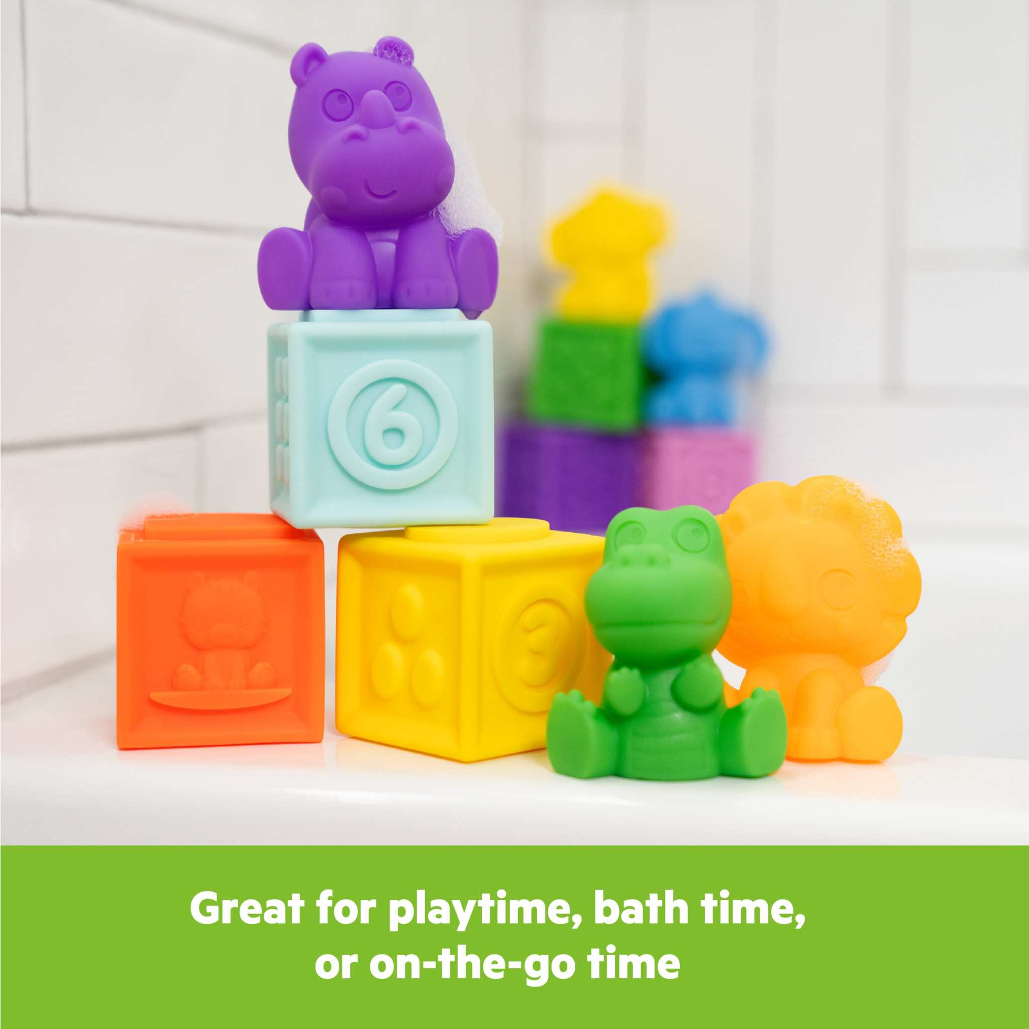 Bright Starts Cubes & Cuties 18-piece multicolor baby bath and play set with tropical animals and stackable blocks