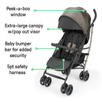 Ingenuity 3Dlite Jewel lightweight khaki stroller with extra-large canopy and car seat compatibility