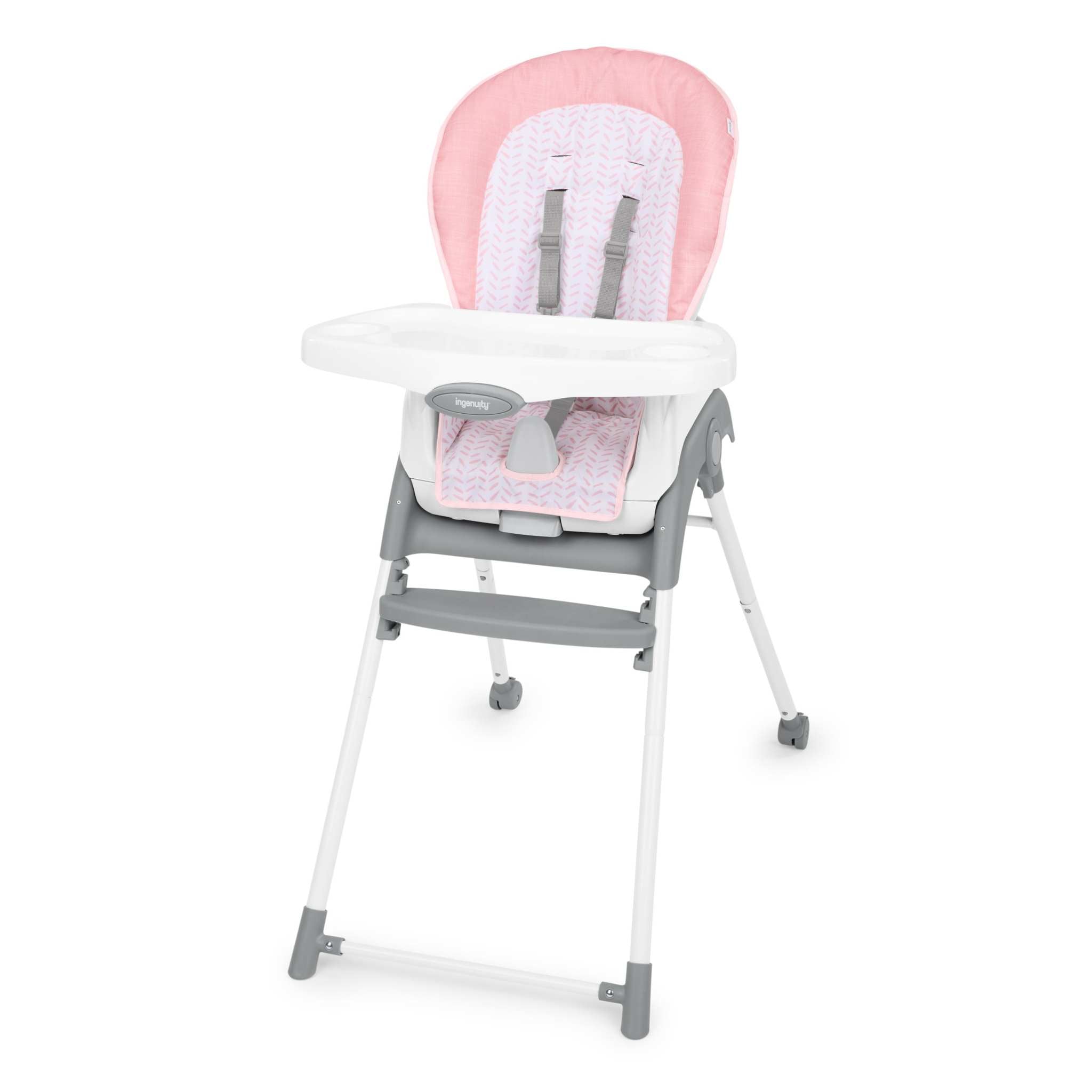 Ingenuity Trio Foldaway 6-in-1 pink baby high chair with adjustable footrest and removable tray