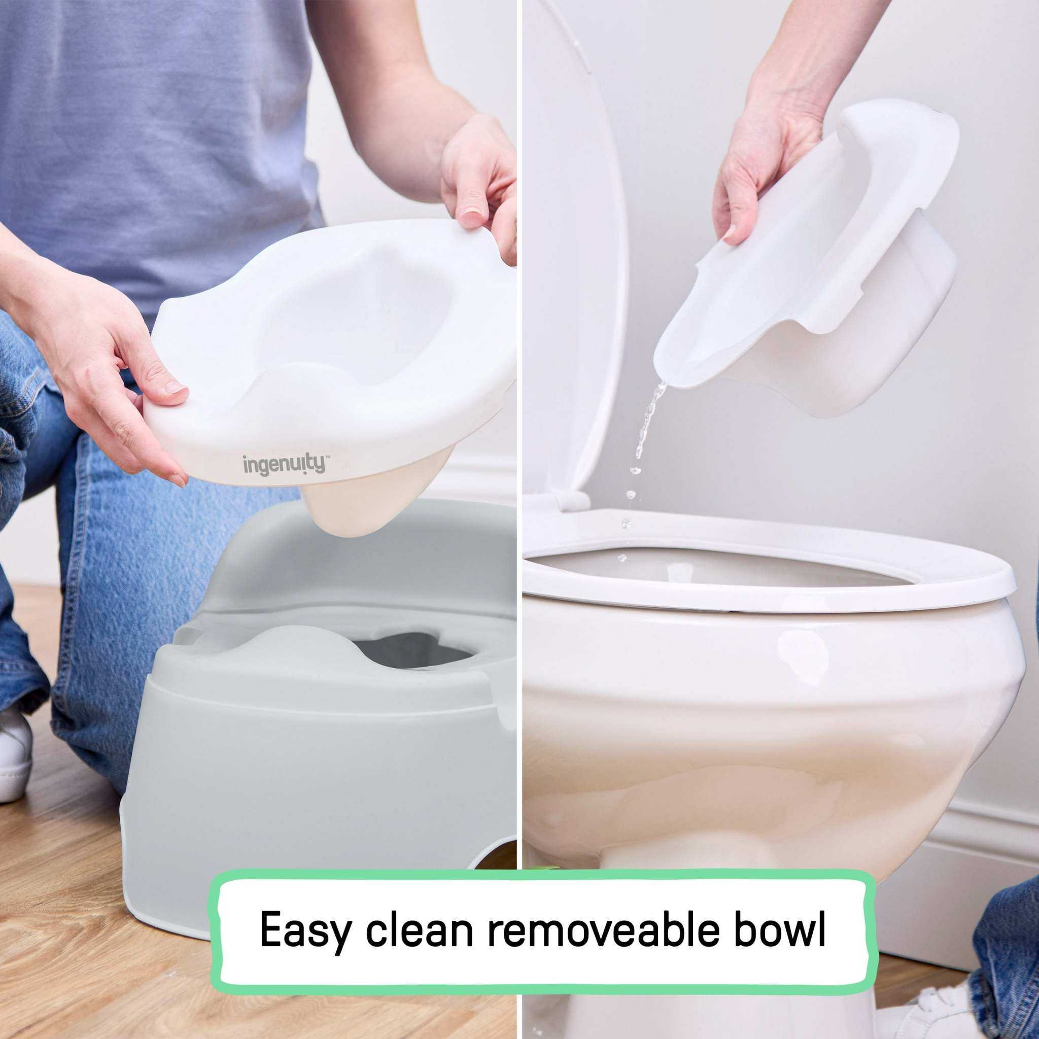 Ingenuity Full Comfort Potty with high back, seat handles, removable bowl, and splash guard for toddler potty training
