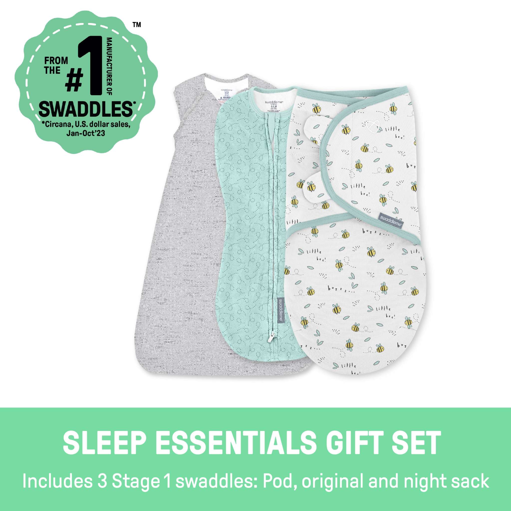 SwaddleMe by Ingenuity Comfort Pack with Original Swaddle, Pod, and Night Sack for 0-3 months baby with elephant print
