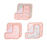 Clean & Cuddly 6-Pack terry washcloth set with pink owl and floral prints for baby bath and mess cleanup