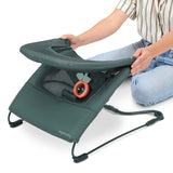 Lightweight Stow & Go Compact Folding Bouncer with fold-flat design, calm touch vibe-pod, and removable toy for baby comfort and travel convenience