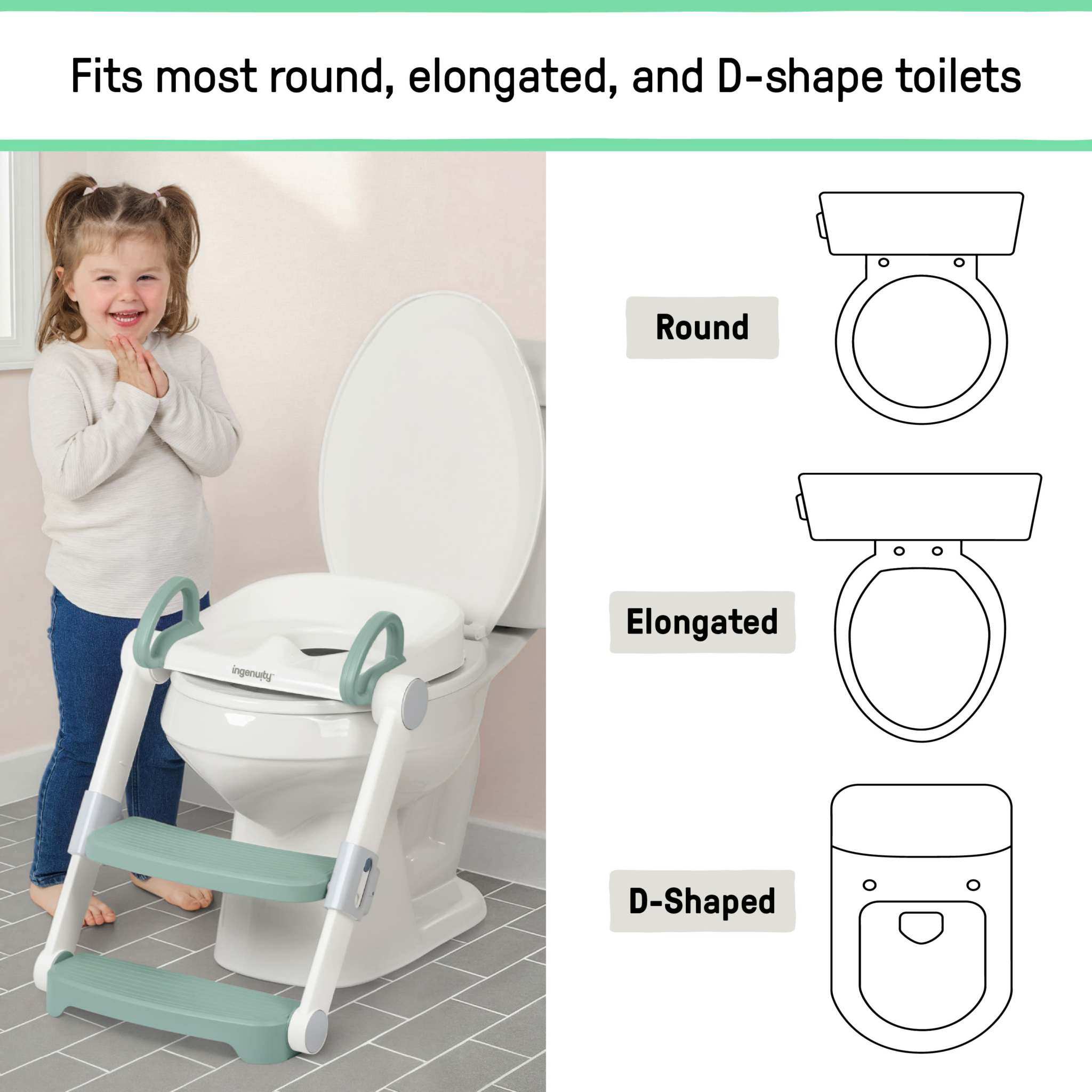 Ingenuity Foldaway Ladder Potty adjustable height toilet trainer with handles folded flat for compact storage on bathroom floor
