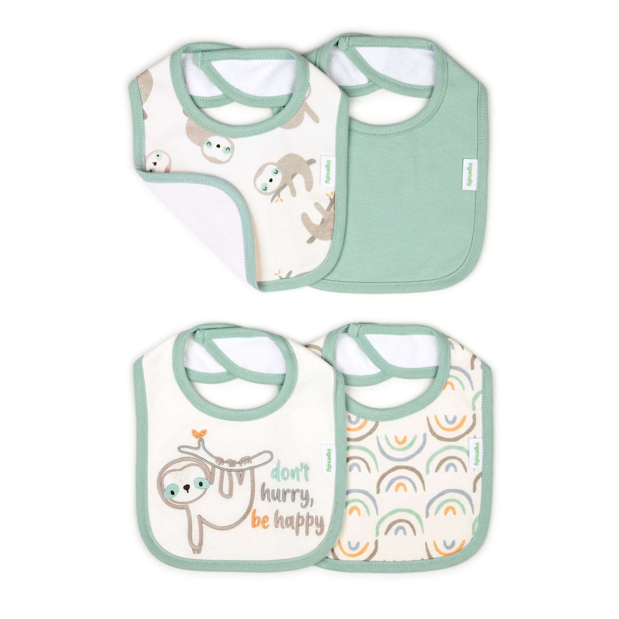 Ingenuity Easy Eater 4-Pack absorbent terry-backed cotton baby bibs with animal and nature prints