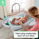 Ingenuity Comfy Clean Deluxe newborn to toddler baby bath tub with fabric sling and parent tray