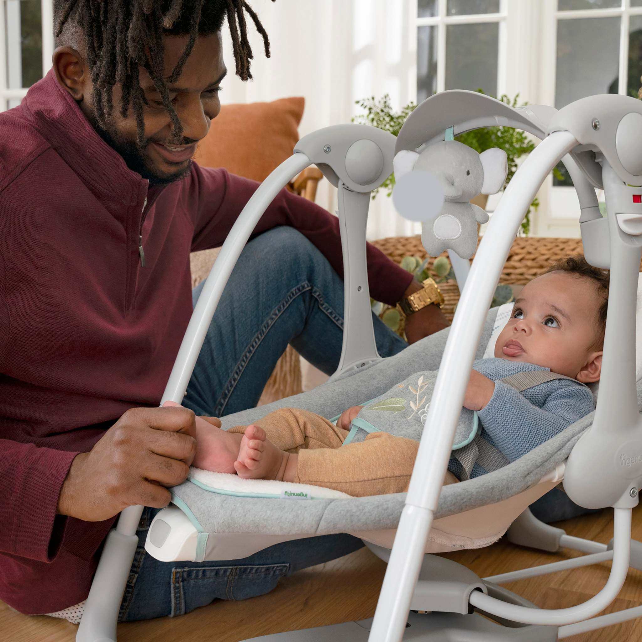 Ingenuity ConvertMe Swing-2-Seat portable baby swing and seat with plush elephant toy and foldable design