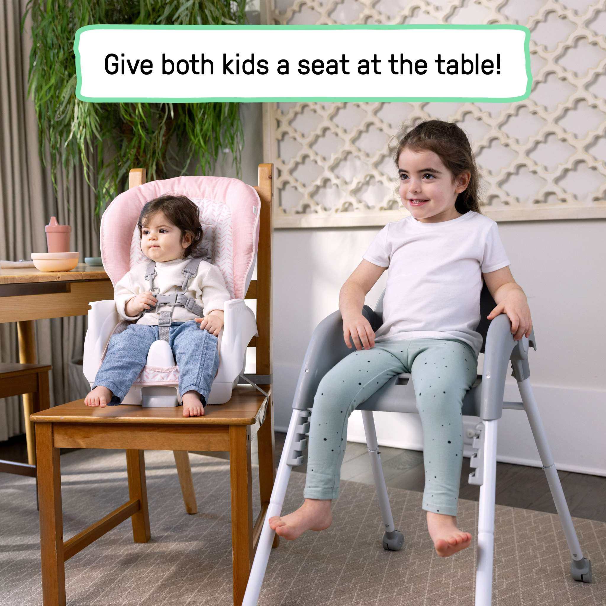 Ingenuity Trio Foldaway 6-in-1 pink baby high chair with adjustable footrest and removable tray