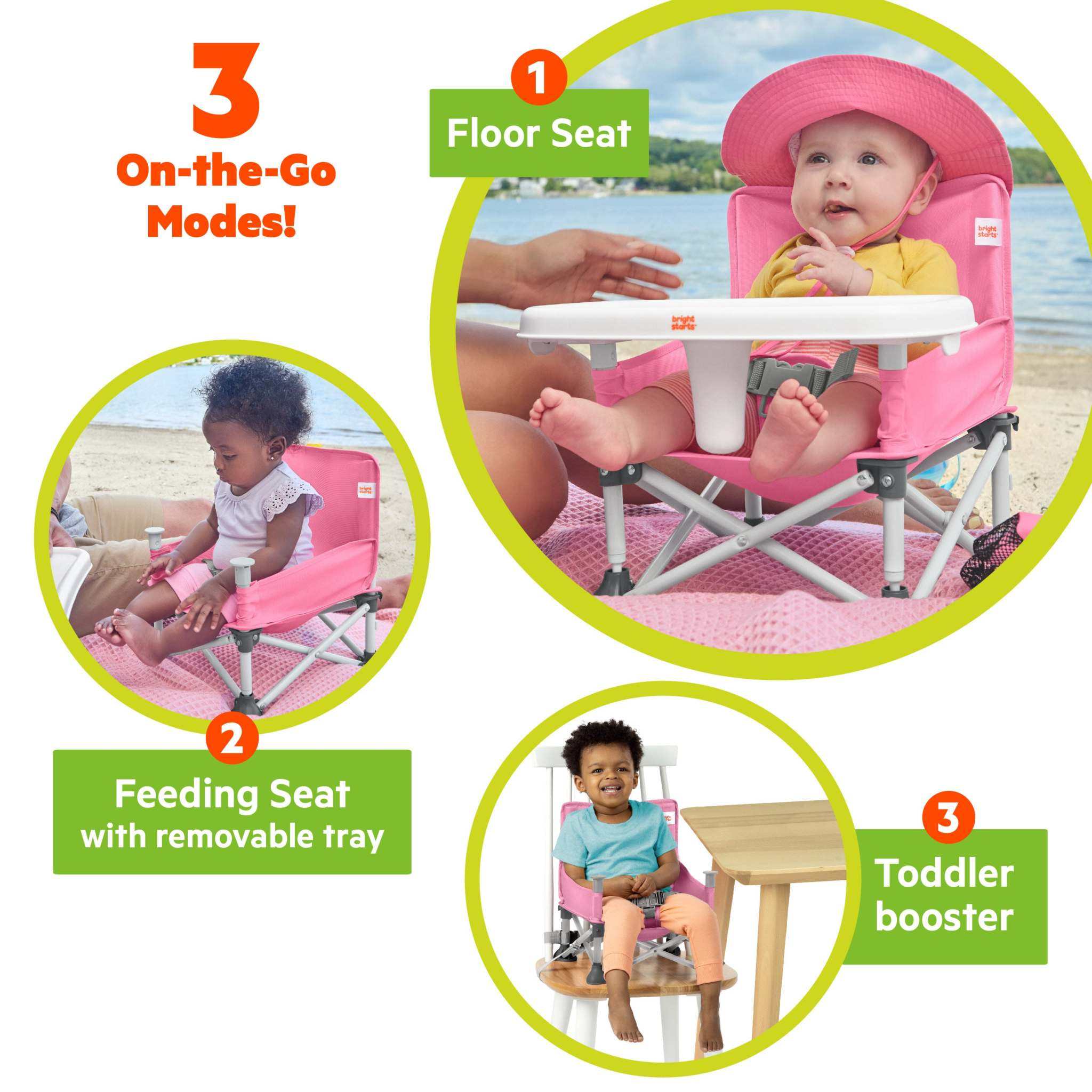 Bright Starts Pop N Sit portable pink booster seat for babies and toddlers