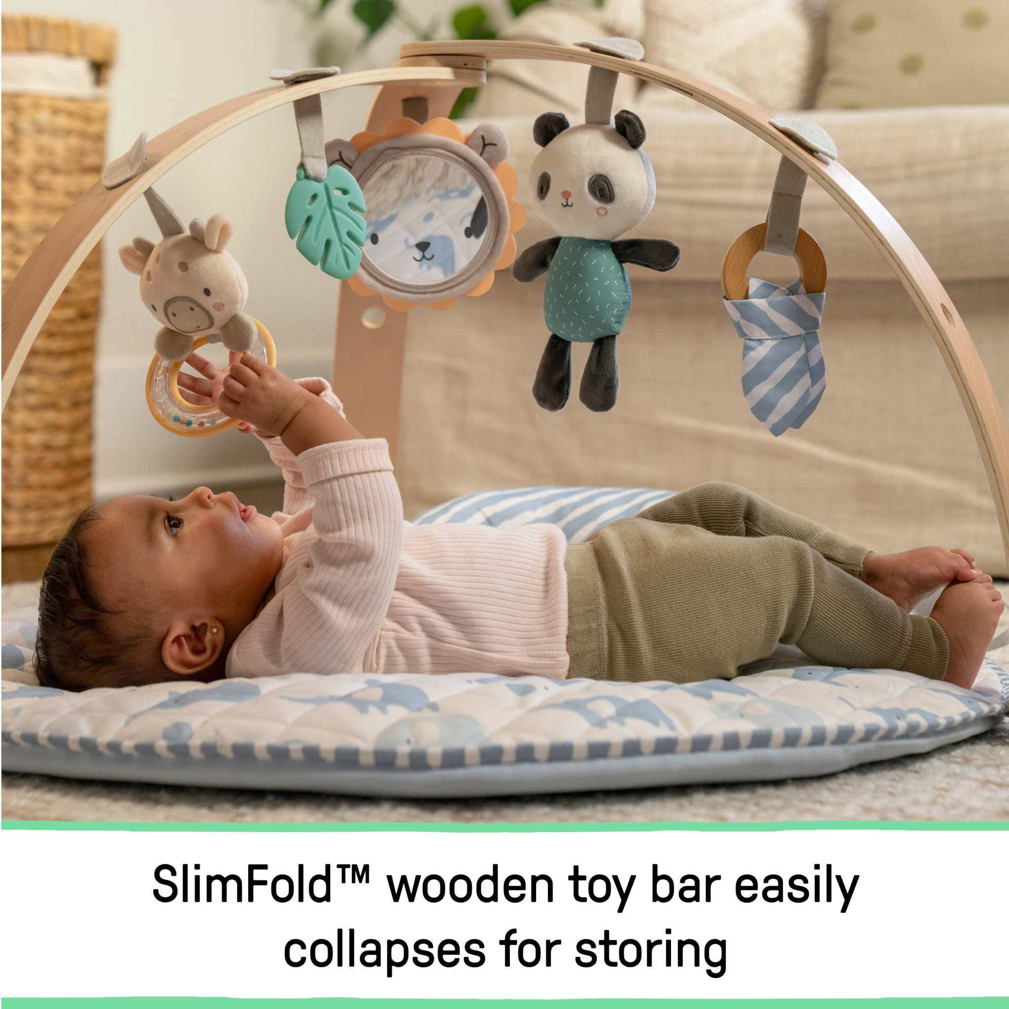 Ingenuity Cozy Spot reversible duvet activity gym with ultra-plush mat, SlimFold wooden toy bar, and detachable natural material toys for babies 0-36 months