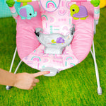 Bright Starts Pink Paradise Vibrating Baby Bouncer with spinning toys and calming vibrations