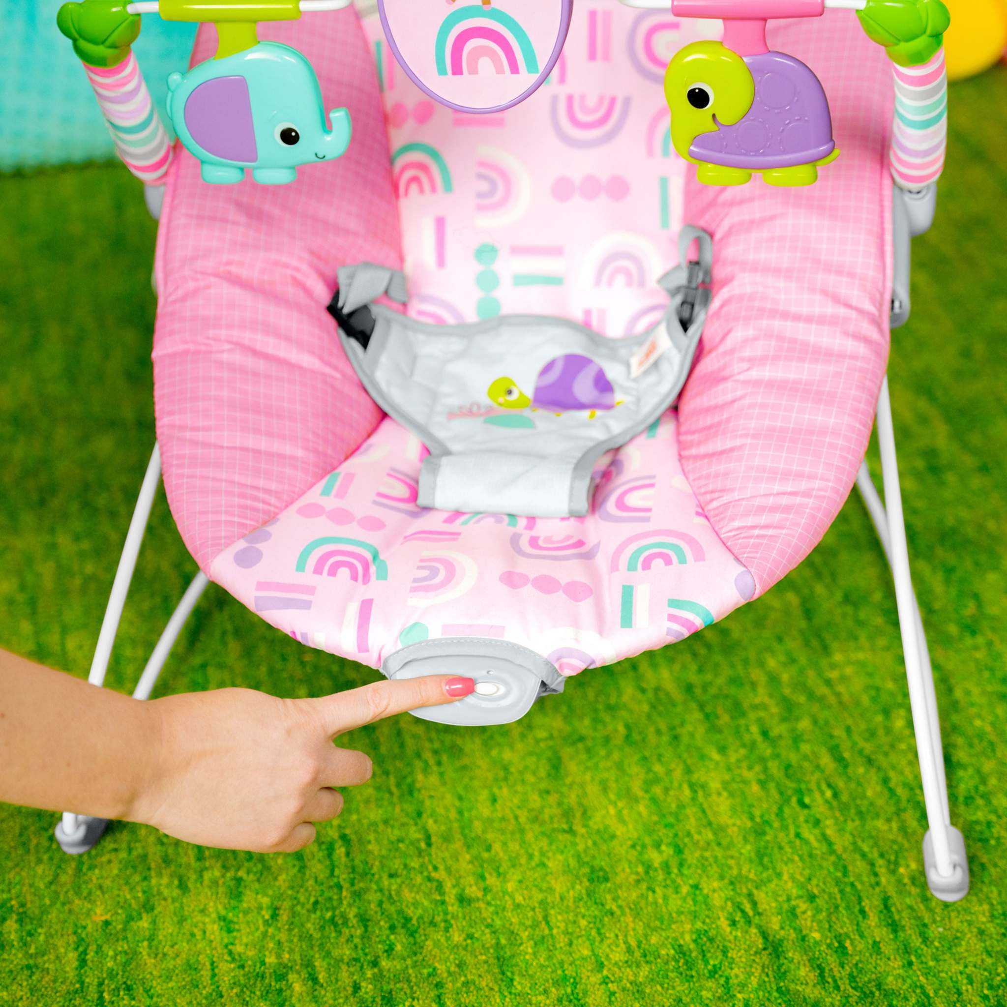 Bright Starts Pink Paradise Vibrating Baby Bouncer with spinning toys and calming vibrations