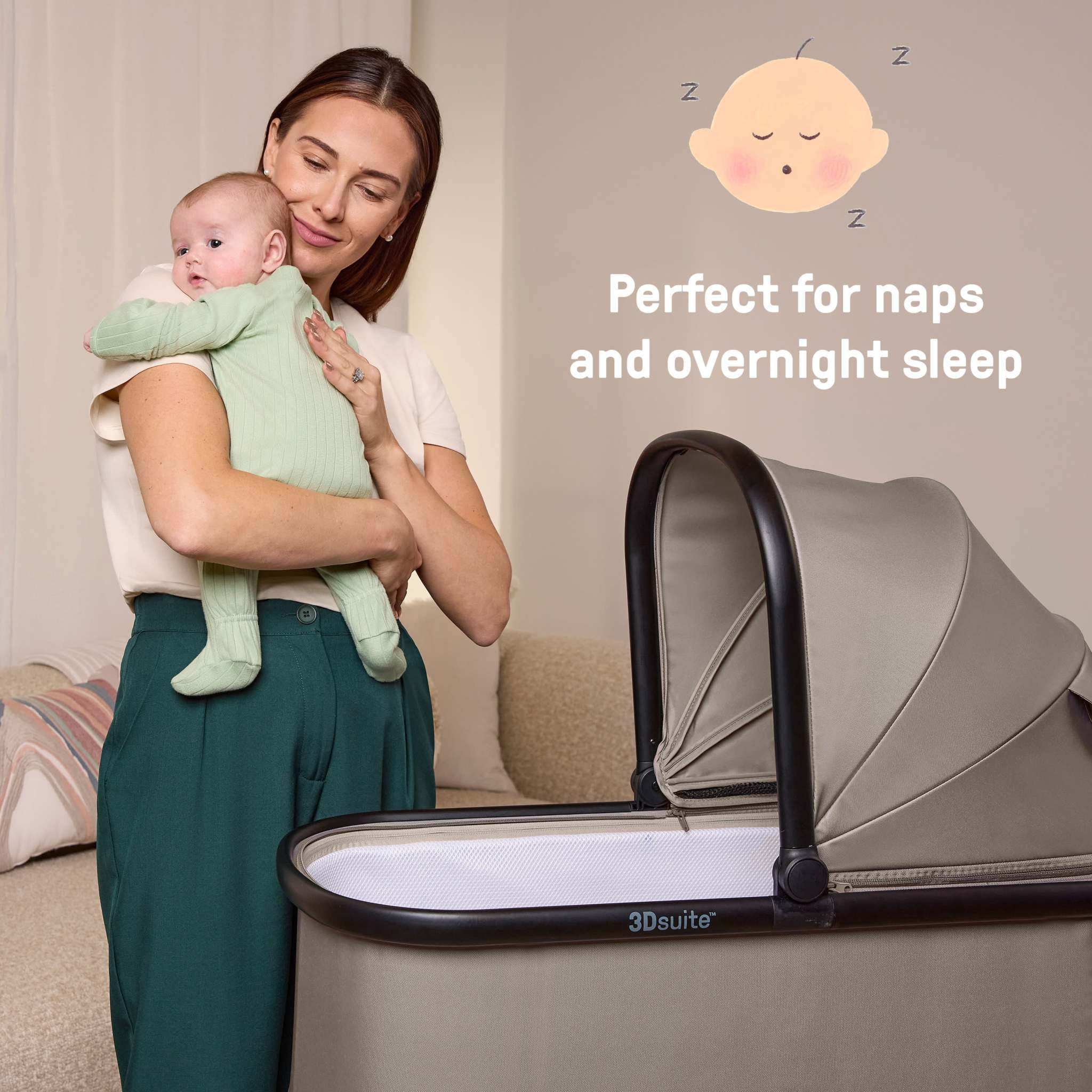 Ingenuity 3DSuite DualDock portable baby bassinet in cashew color with ventilated sides and canopy for newborn sleep and stroller use