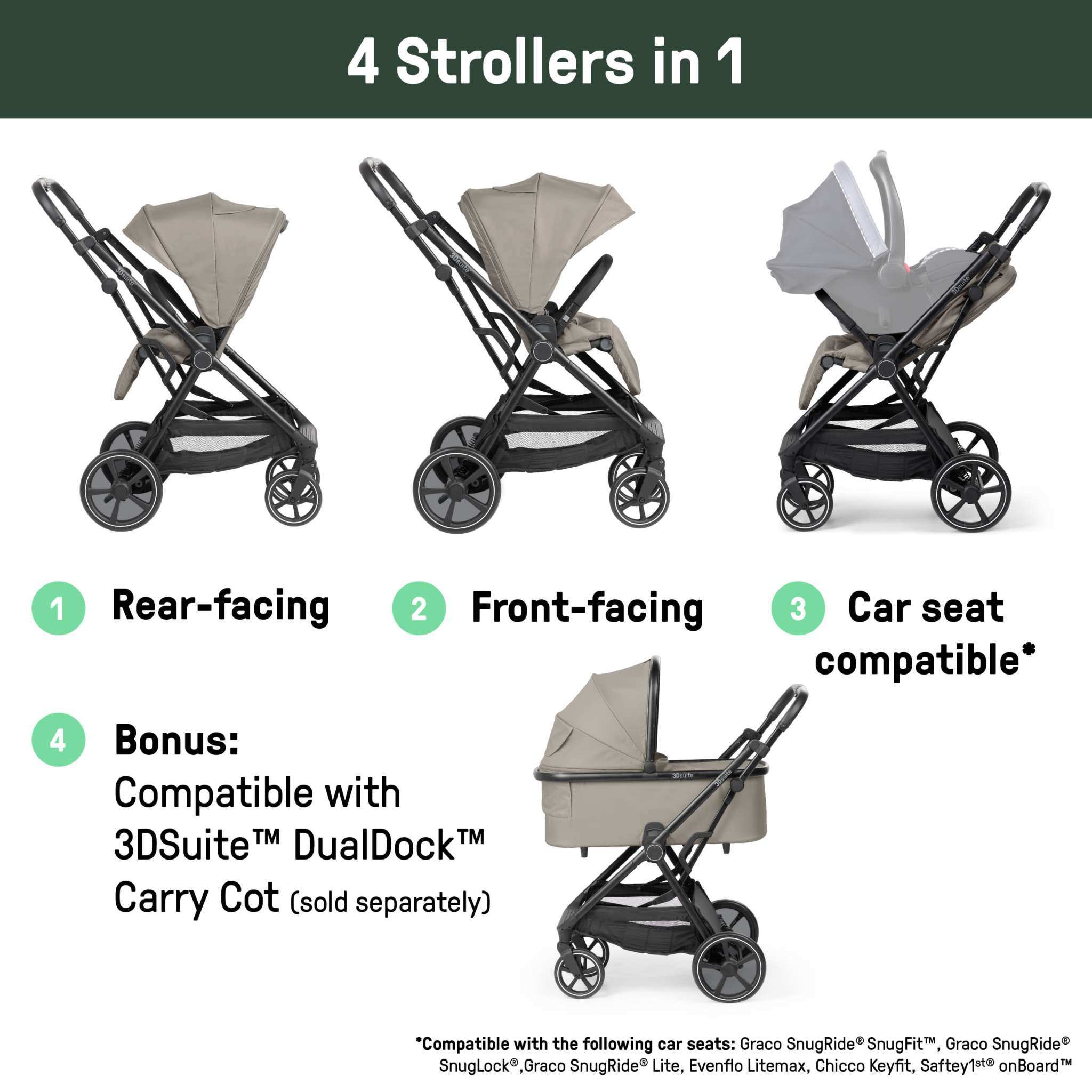 Ingenuity 3DSuite Modular Stroller with reversible seat, one-hand fold, car seat compatible, and extra-large storage basket in cashew color