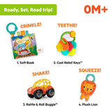 Bright Starts Road Trip 4-Piece Gift Set, Travel Baby Toy Set With Teether Keys, Oball Rattle Roll Car & More, Unisex, 3 Months+