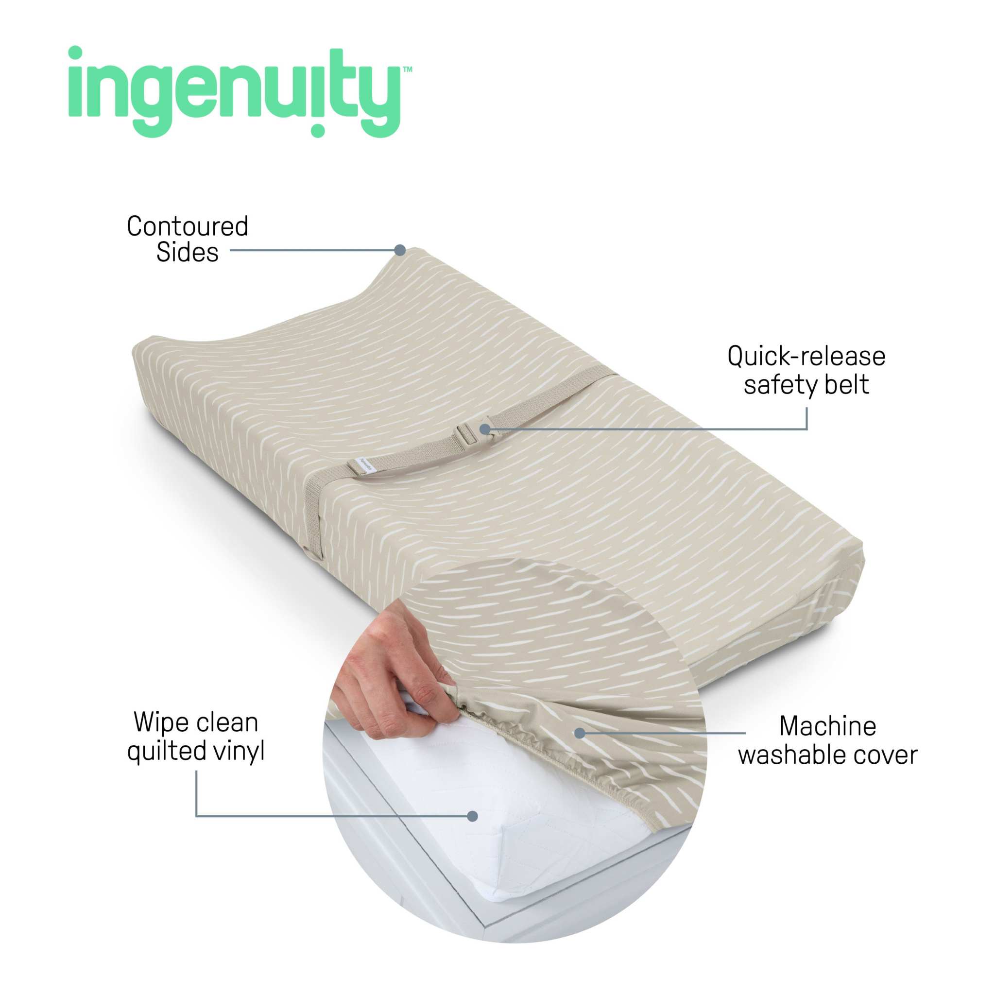 Ingenuity CozyClean Changing Pad with wipeable vinyl surface and removable washable cover in taupe on changing table