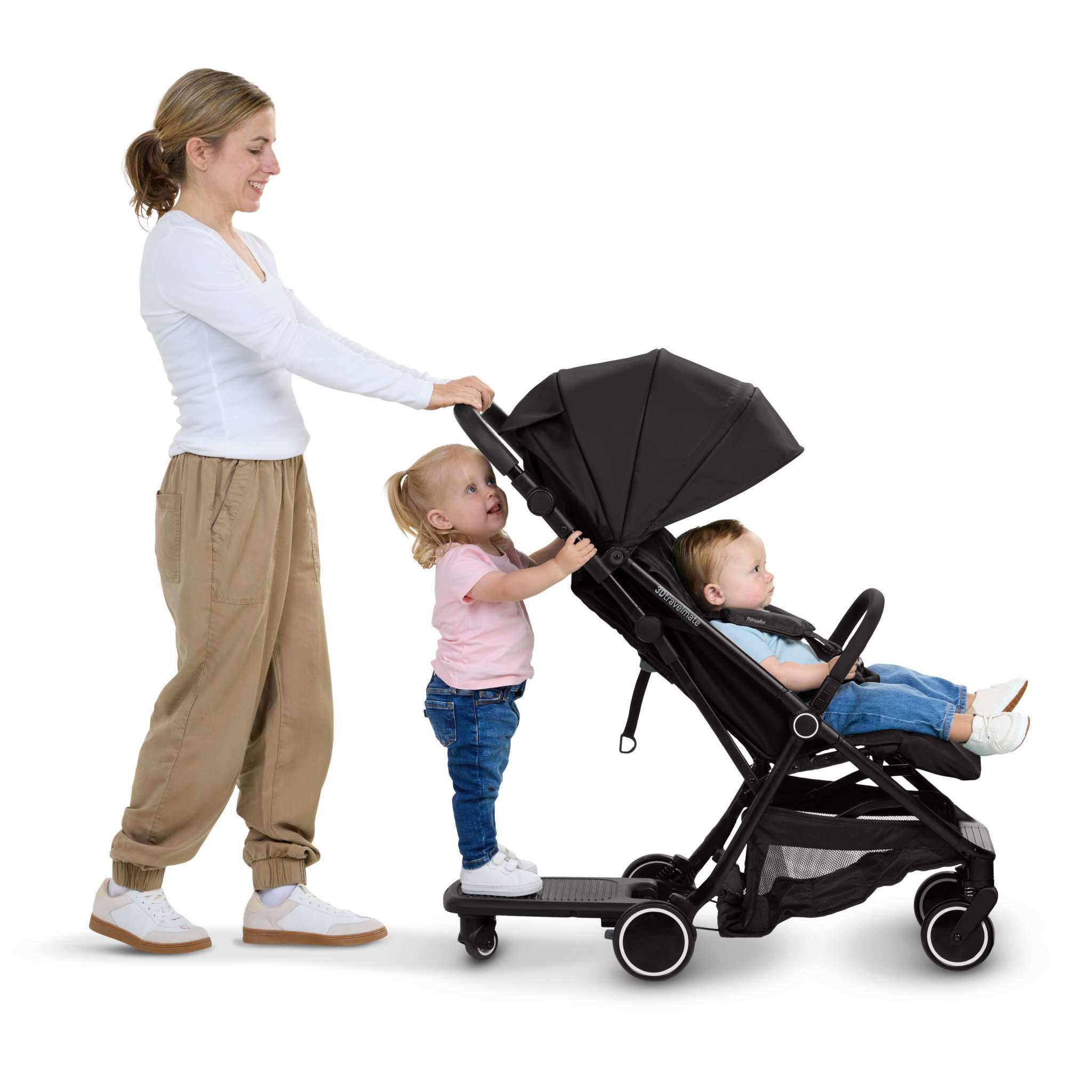 Ingenuity FoldAway Ride-On Board with removable seat attached to stroller for toddler standing or sitting ride