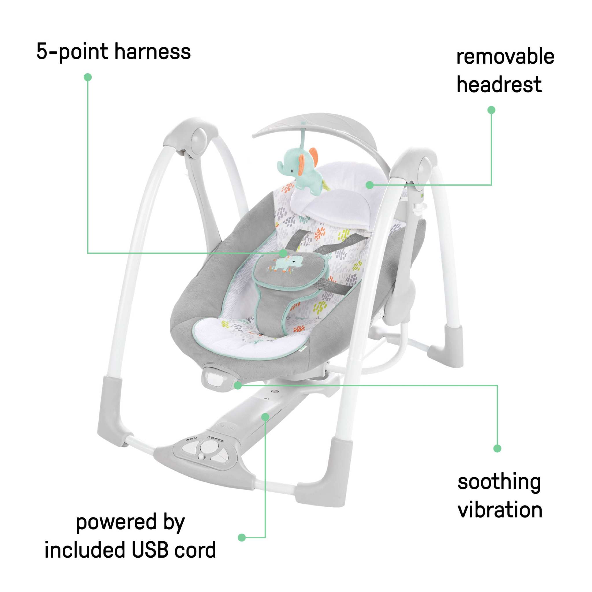 Ingenuity ConvertMe 2-in-1 portable baby swing and seat with plush elephant toy and foldable design