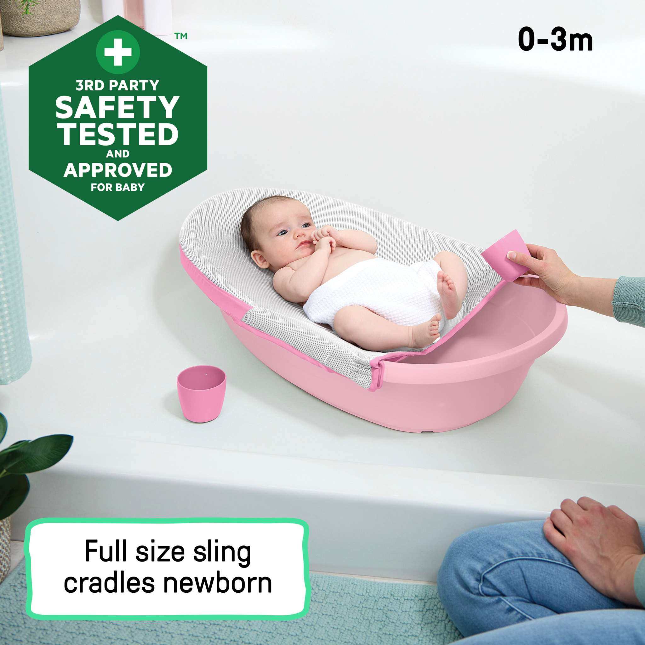Pink Ingenuity Room to Soak 4-in-1 baby tub with sling and support seat for newborns to toddlers