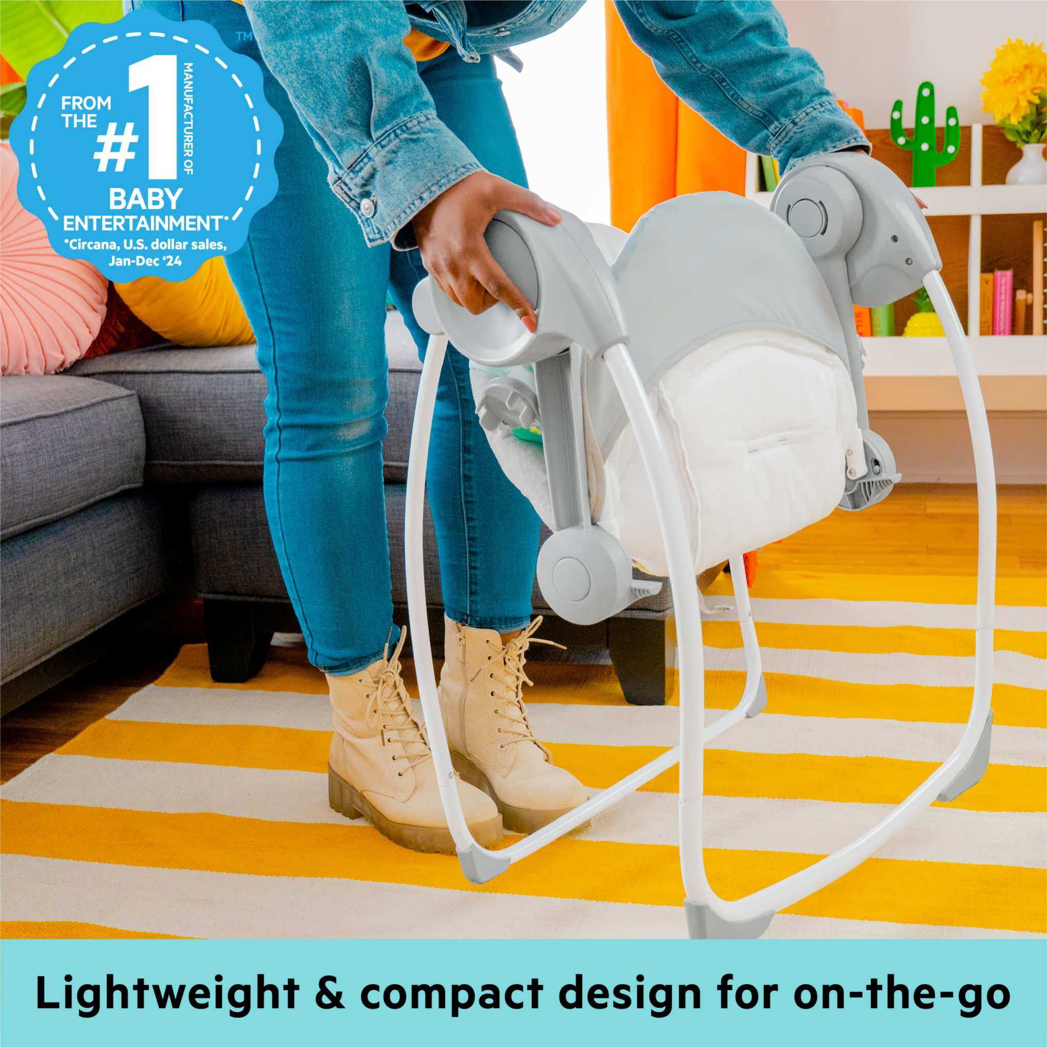 Bright Starts Whimsical Wild compact portable baby swing with toys and recline