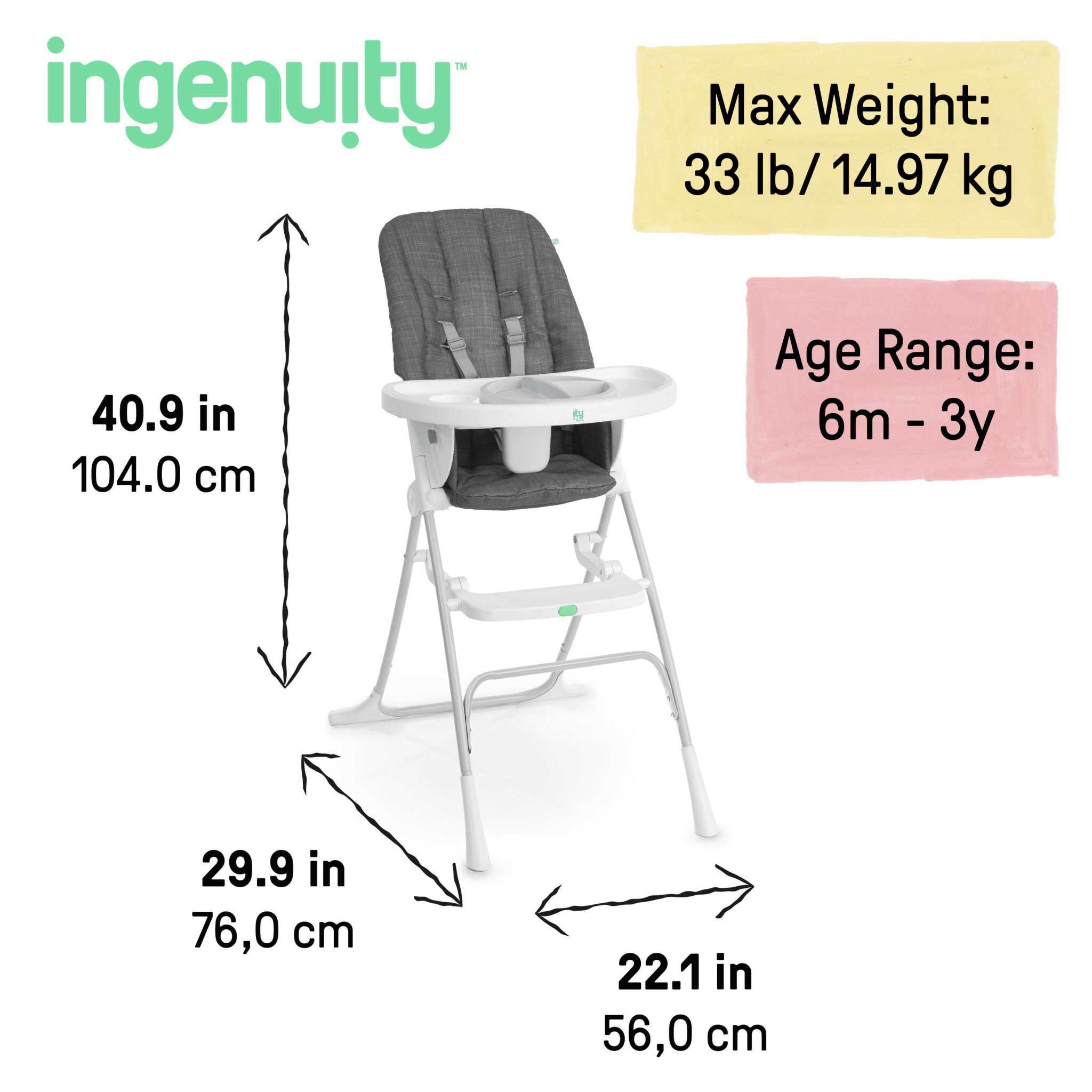 Ingenuity Sun Valley Compact Folding High Chair in grey with adjustable tray and washable seat pad