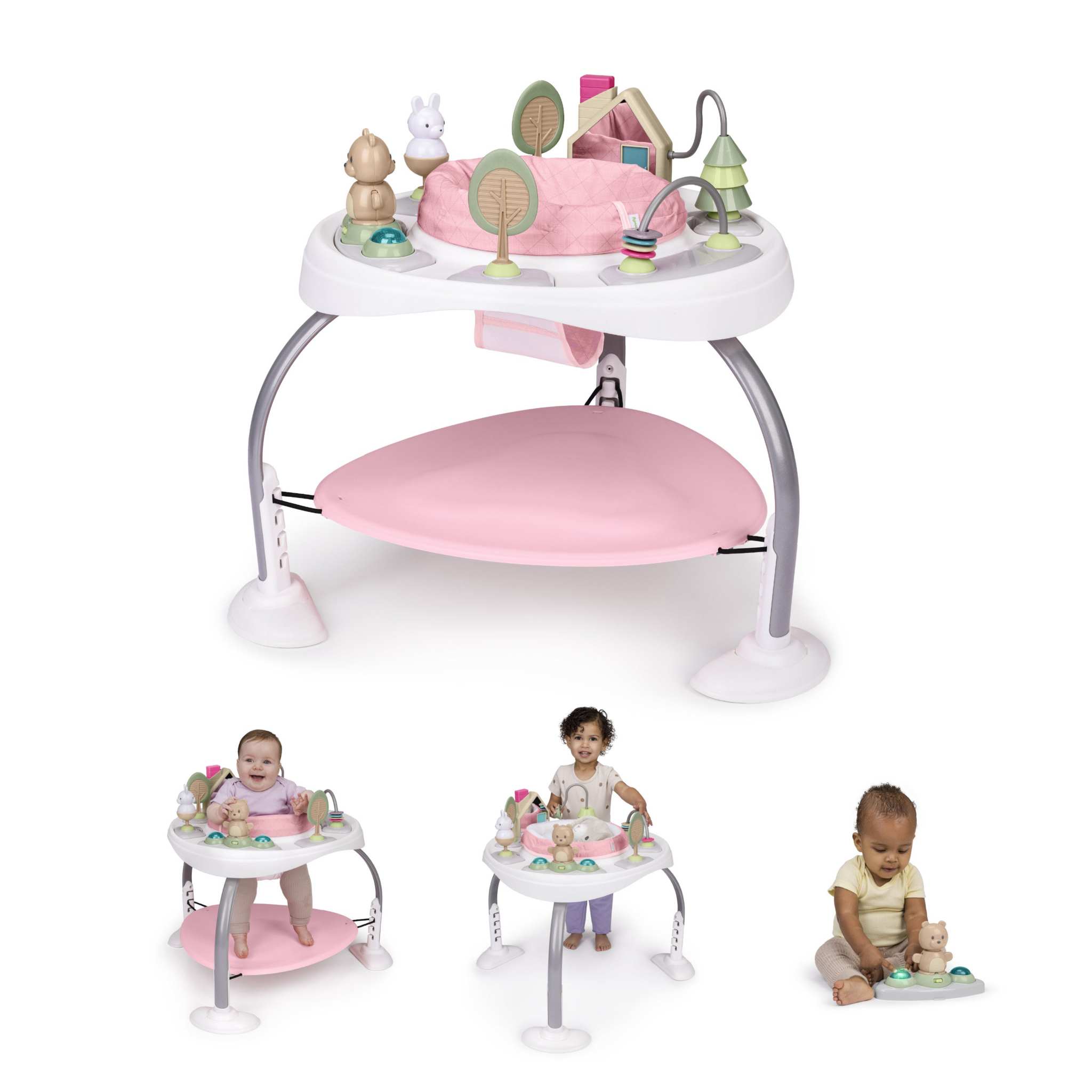 Ingenuity Spring & Sprout 2-in-1 Baby Activity Center Jumper and Table with toys for 6-24 months, nature-themed, adjustable height, 360° rotating seat.