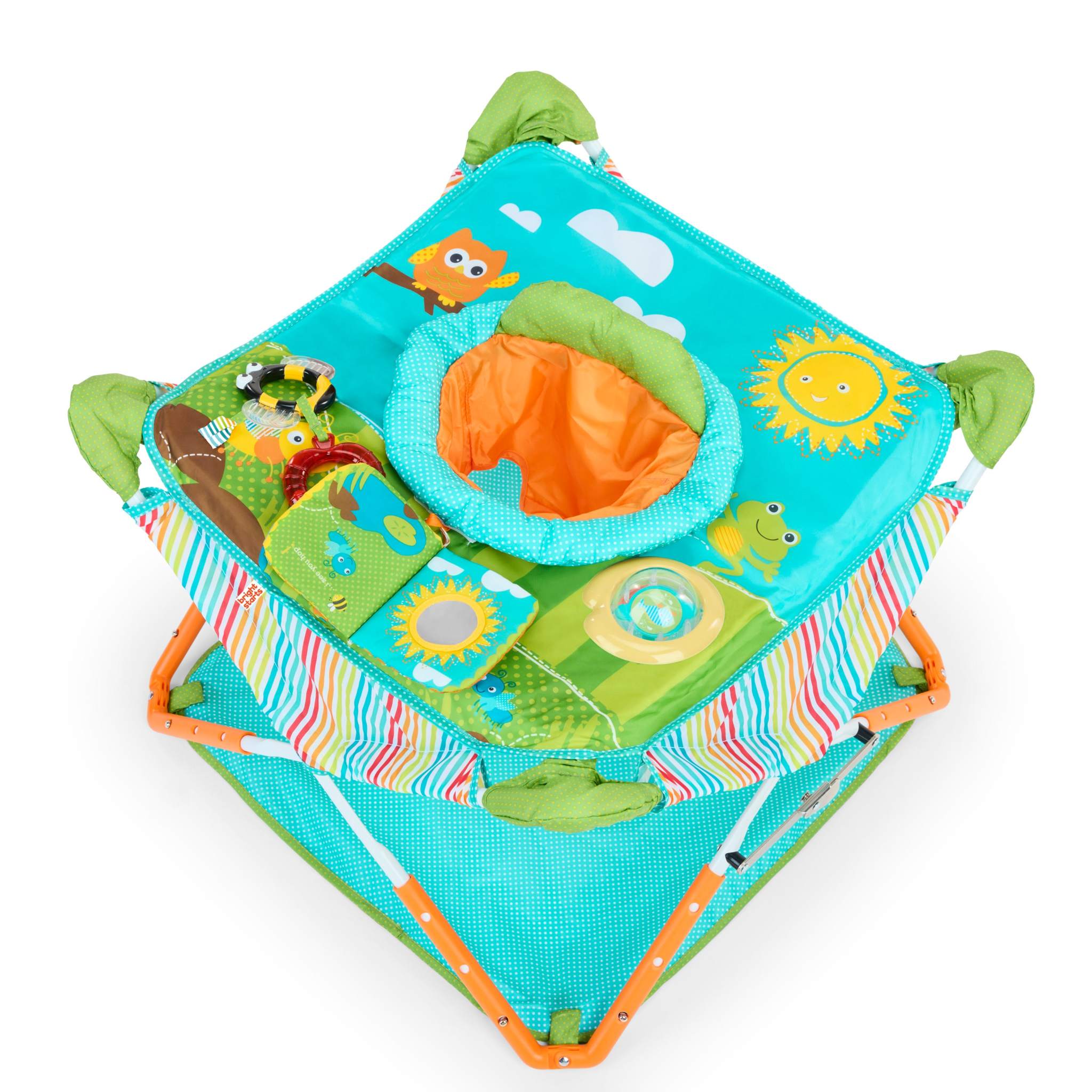 Bright Starts Pop 'N Jump portable baby jumper with removable canopy and woodland-themed toys for ages 6-12 months