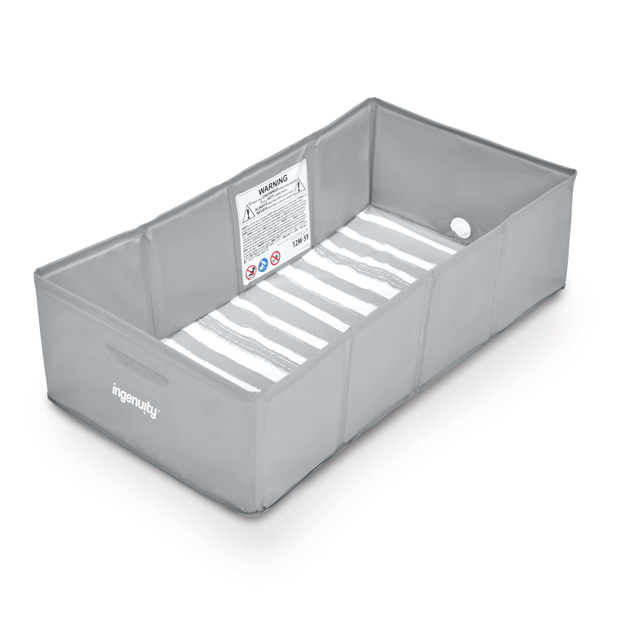Grey Ingenuity Tuckaway Toddler Tub unfolded in shower, portable and foldable bath for kids 12 months to 5 years