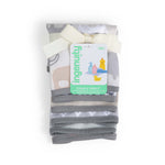 Folded baby blanket with elephant pattern and Ingenuity brand tag on a white background