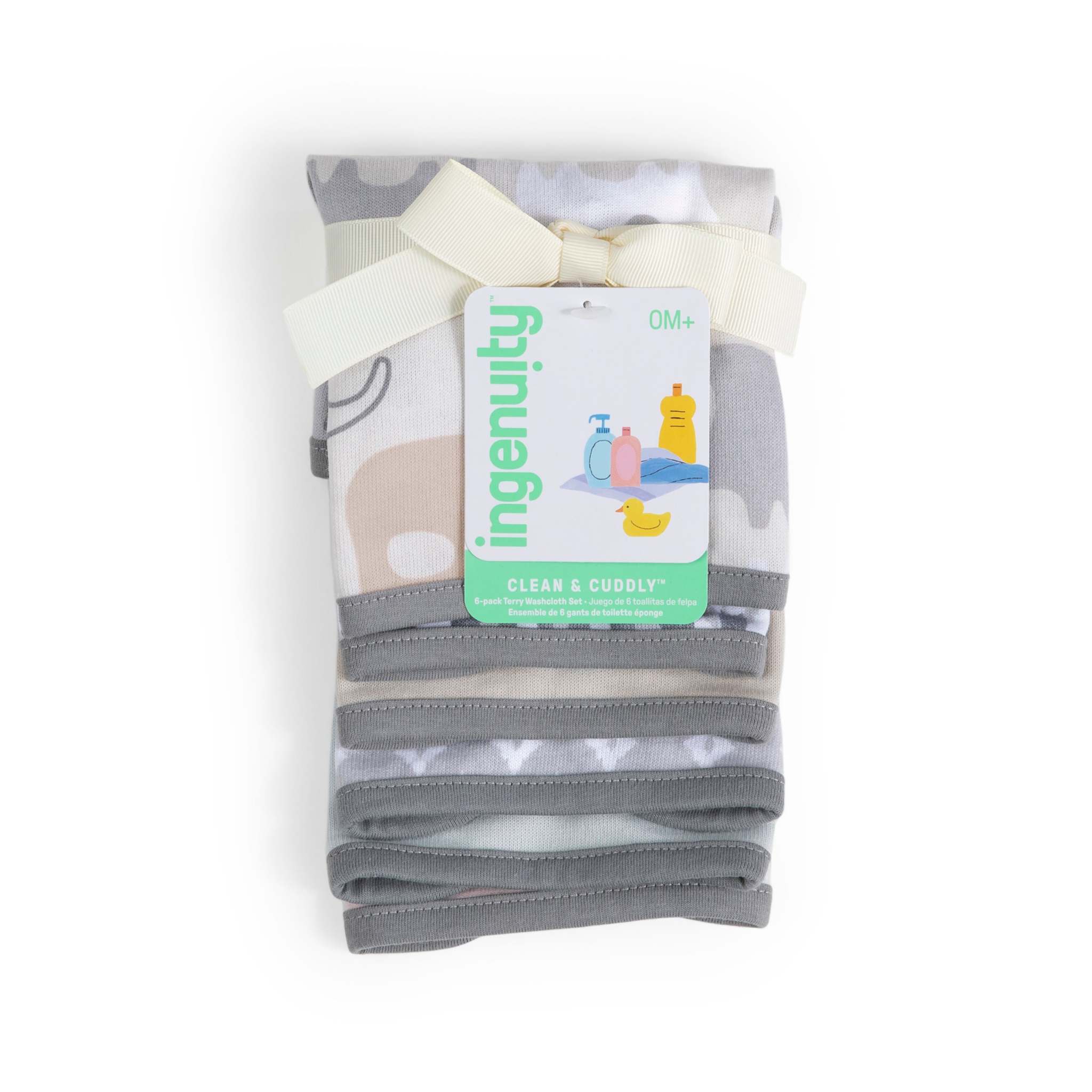 Folded baby blanket with elephant pattern and Ingenuity brand tag on a white background