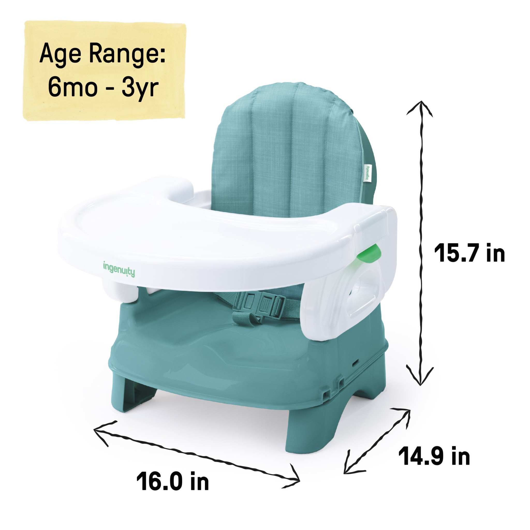 Ingenuity Deluxe Comfort teal folding baby booster seat with adjustable tray and cushioned pad on a dining chair
