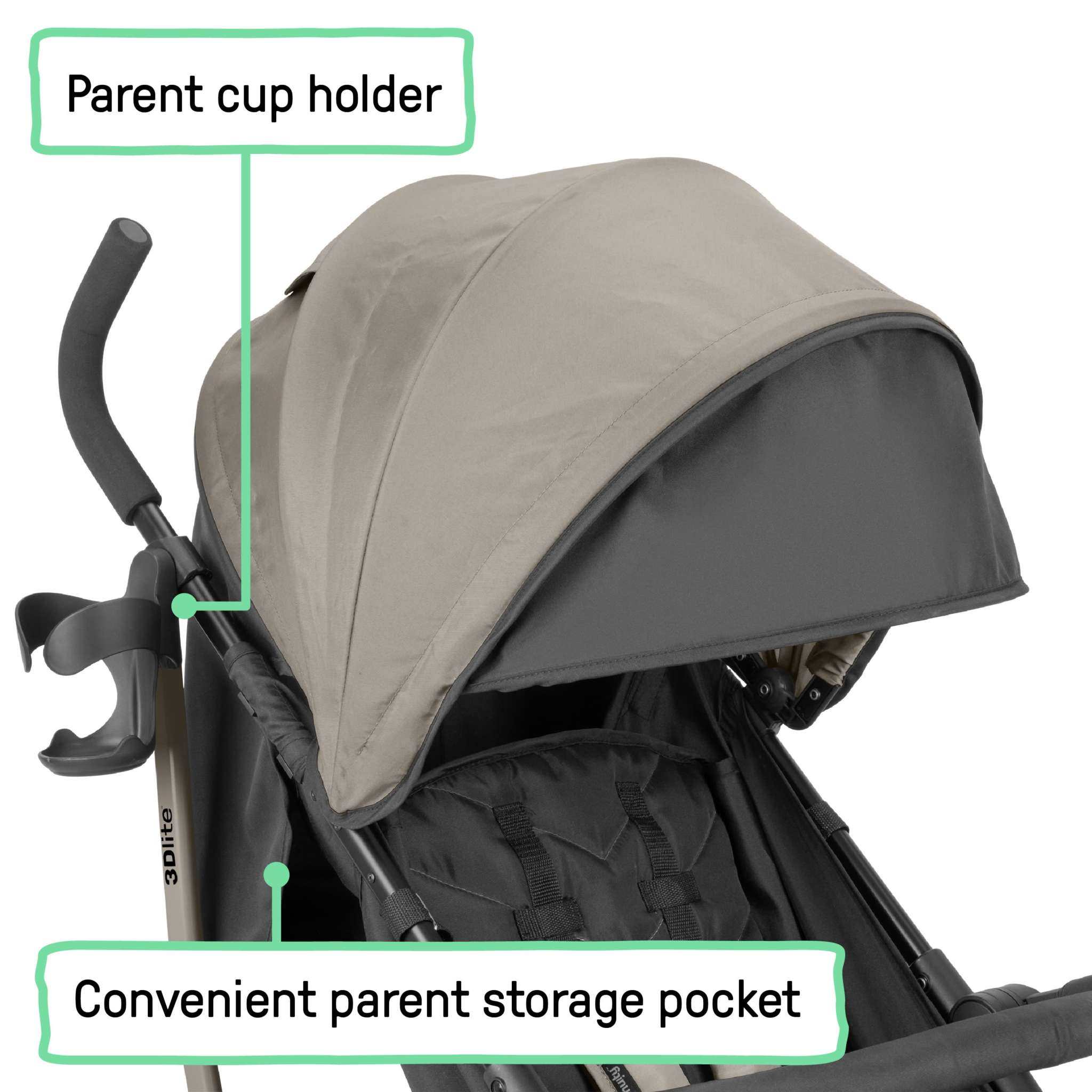 Ingenuity 3Dlite Jewel lightweight folding stroller in khaki with large canopy and car seat compatibility