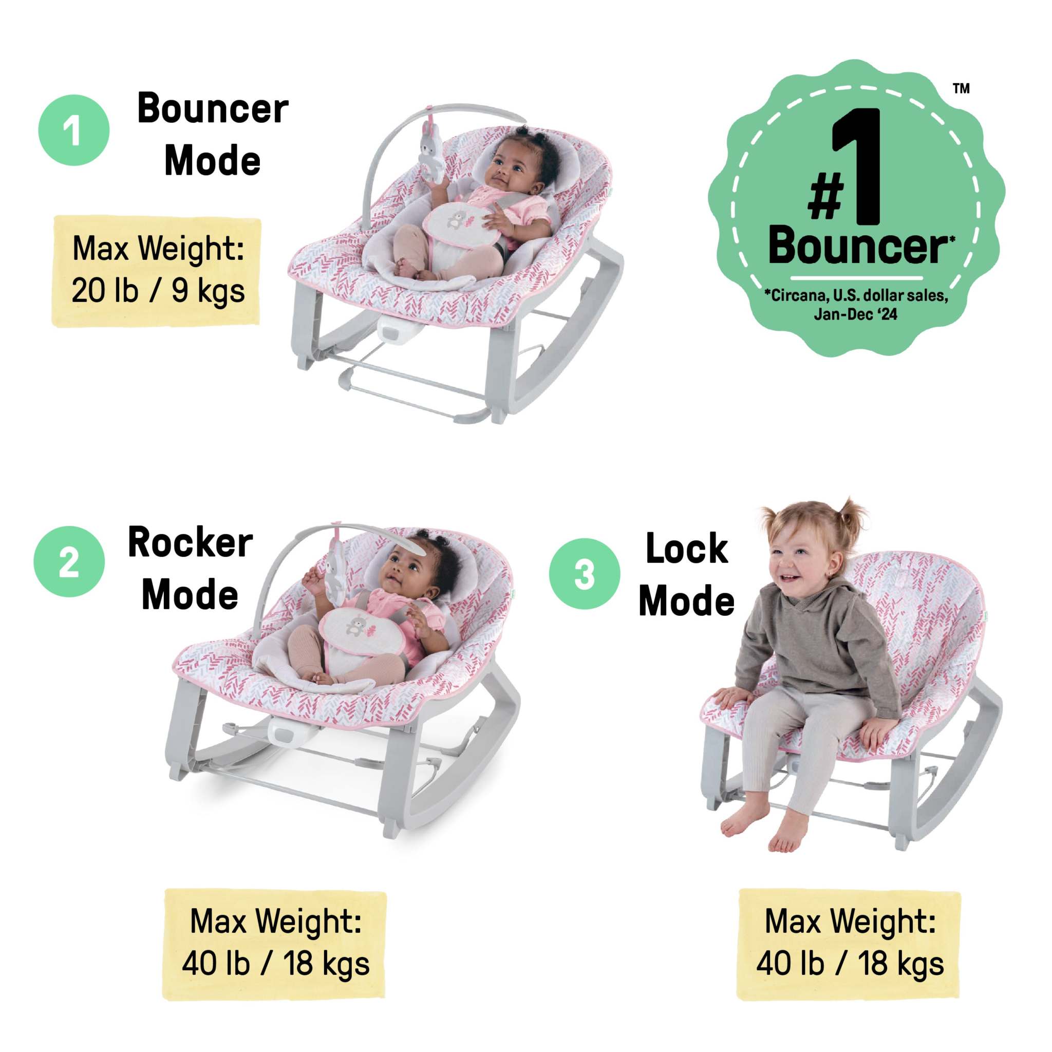Keep Cozy Baby Bouncer in pink with plush bunny toy and reclining seat for infants and toddlers