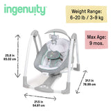 Ingenuity ConvertMe Swing-2-Seat portable baby swing and seat in neutral colors with plush fabrics and adjustable toy bar
