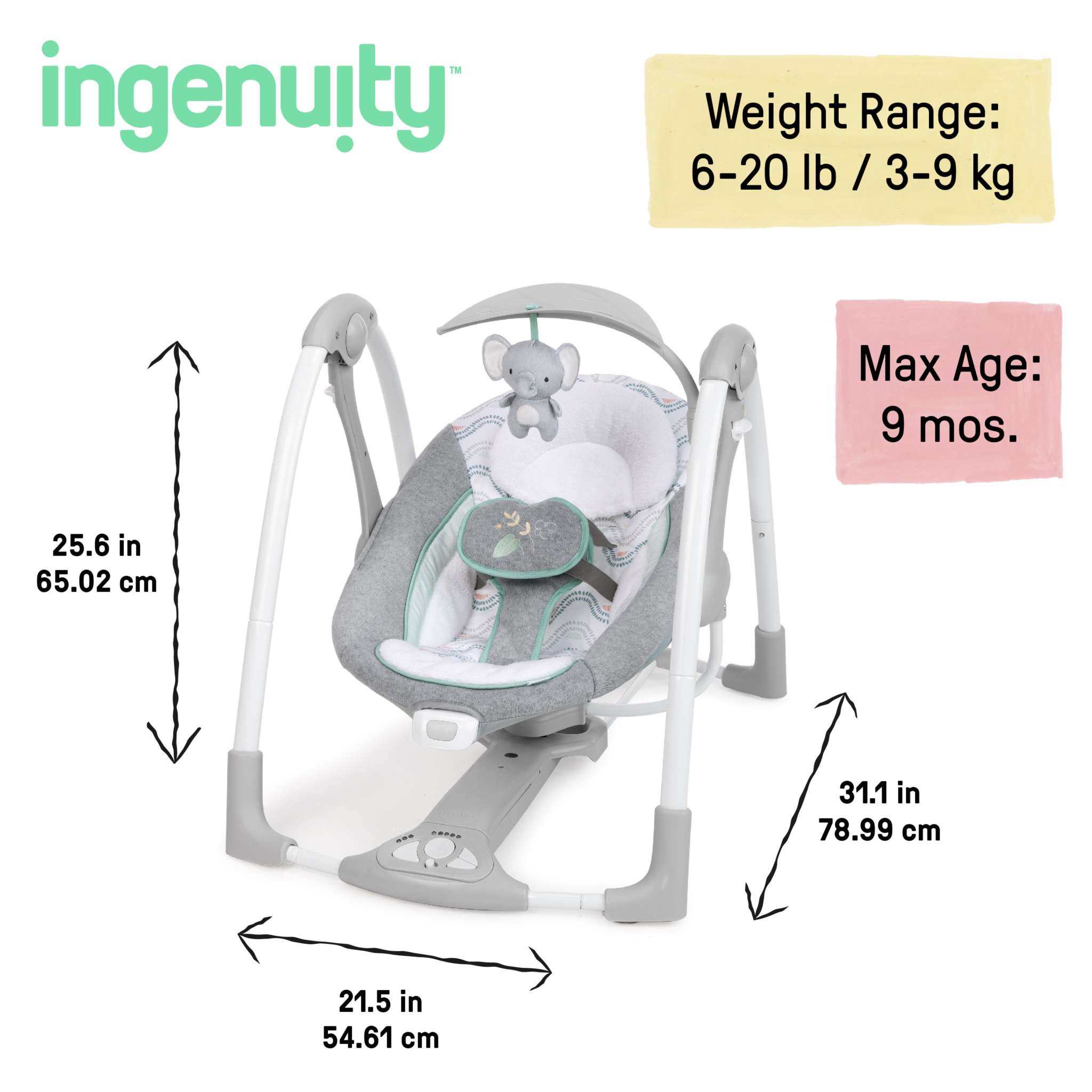 Ingenuity ConvertMe Swing-2-Seat portable baby swing and seat in neutral colors with plush fabrics and adjustable toy bar