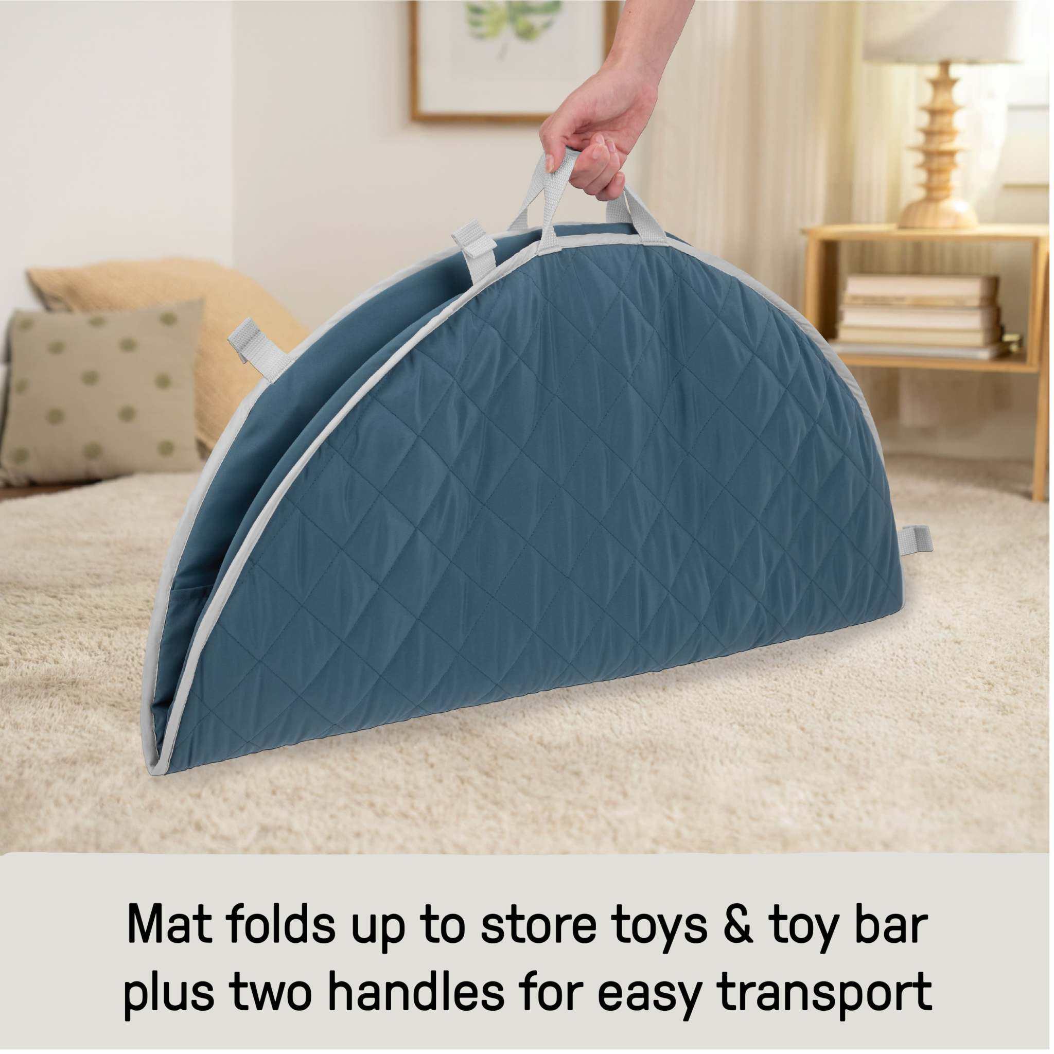 Ingenuity Cozy Spot reversible duvet activity gym with plush mat, wooden toy bar, and detachable toys for baby play and comfort