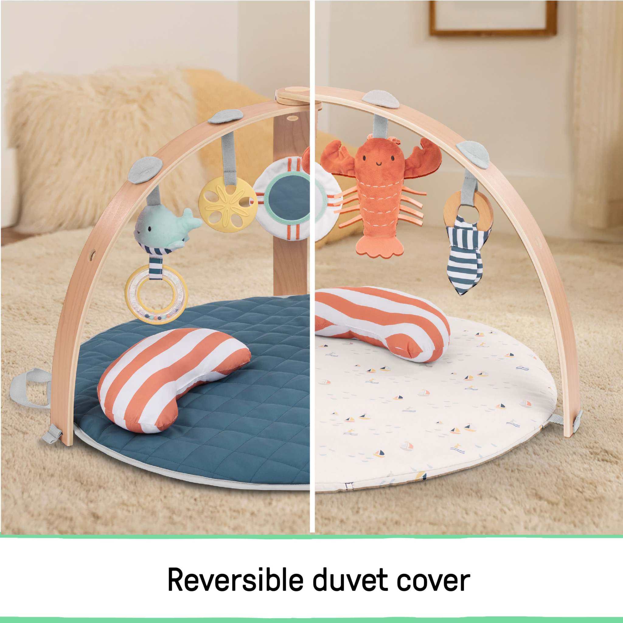 Ingenuity Cozy Spot Harbor Haven reversible duvet baby activity gym with plush mat and wooden toy bar