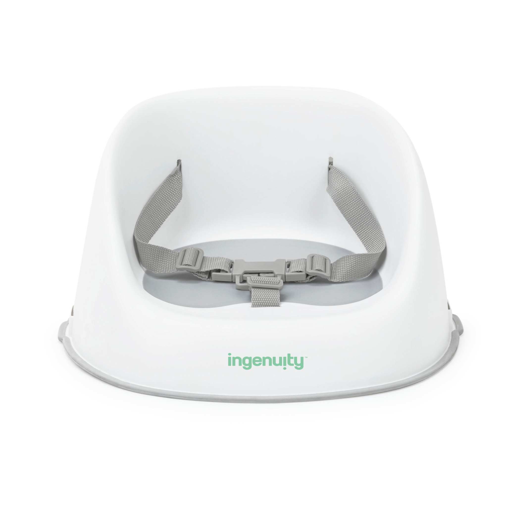 Grey Ingenuity Simplicity Seat Easy-Clean Baby Booster Seat attached to dining chair