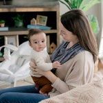 Ingenuity Good to Go 4-in-1 Multi-Use Cover in Libby pattern shown as nursing cover and scarf, lightweight and stretchy fabric for baby privacy and protection
