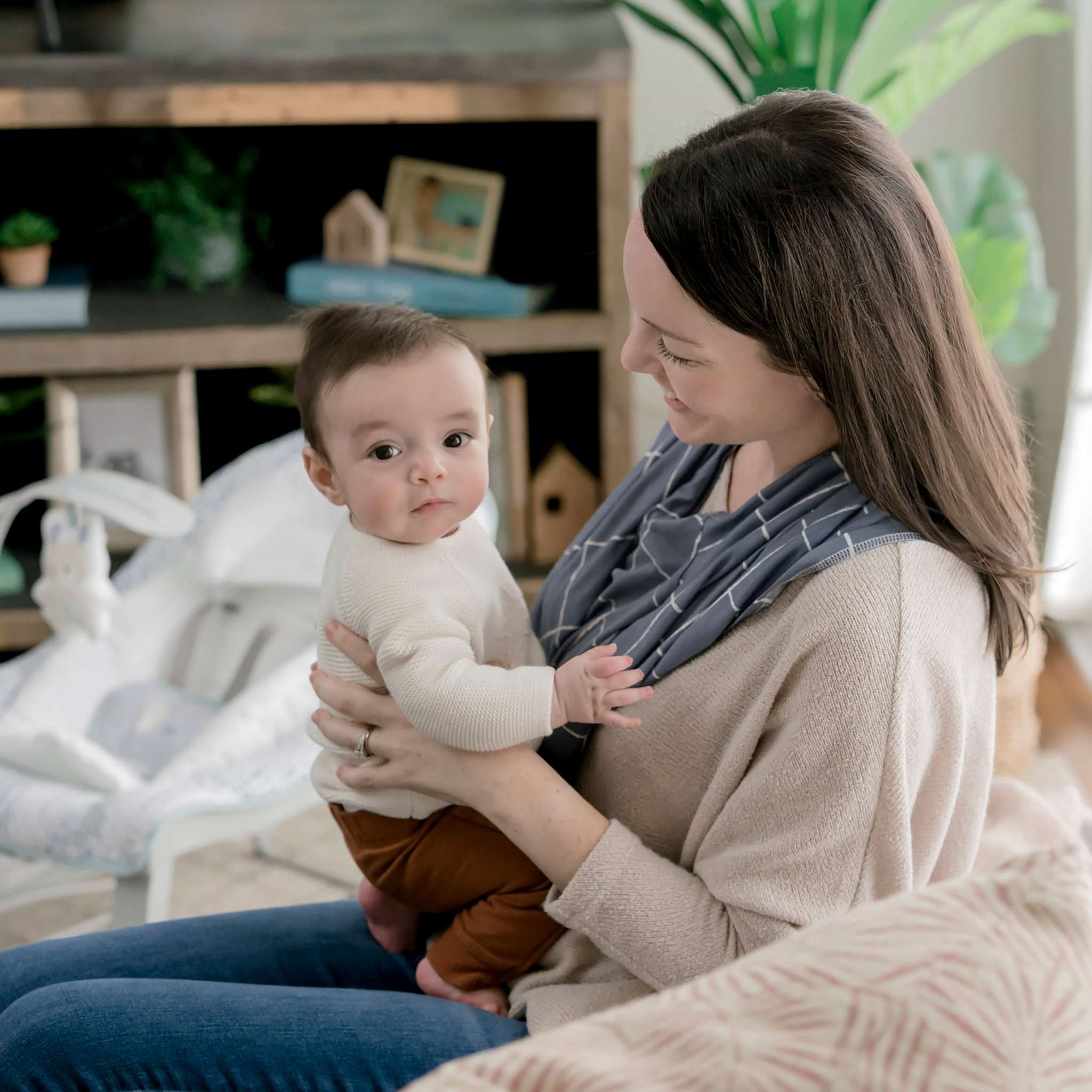 Ingenuity Good to Go 4-in-1 Multi-Use Cover in Libby pattern shown as nursing cover and scarf, lightweight and stretchy fabric for baby privacy and protection