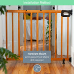 Ingenuity The Stairway 48W Series brown wood safety gate for stairs and hallways with comfort grip handle and locking indicator