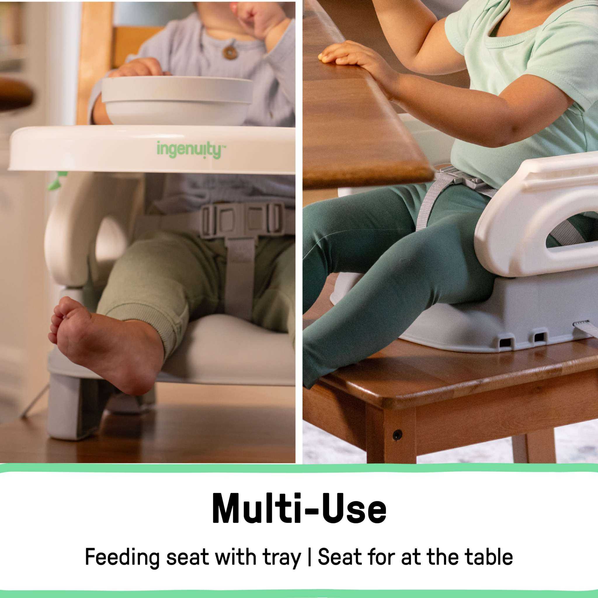Ingenuity Deluxe Comfort grey folding baby booster seat with adjustable height and cushioned pad