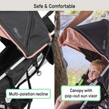 Ingenuity 3D Mini Convenience Stroller in dusty rose with lightweight steel frame and compact fold