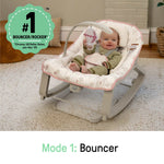 Ingenuity Keep Cozy Baby Bouncer and Toddler Rocker Chair in neutral colors with plush elephant toy and adjustable reclining seat