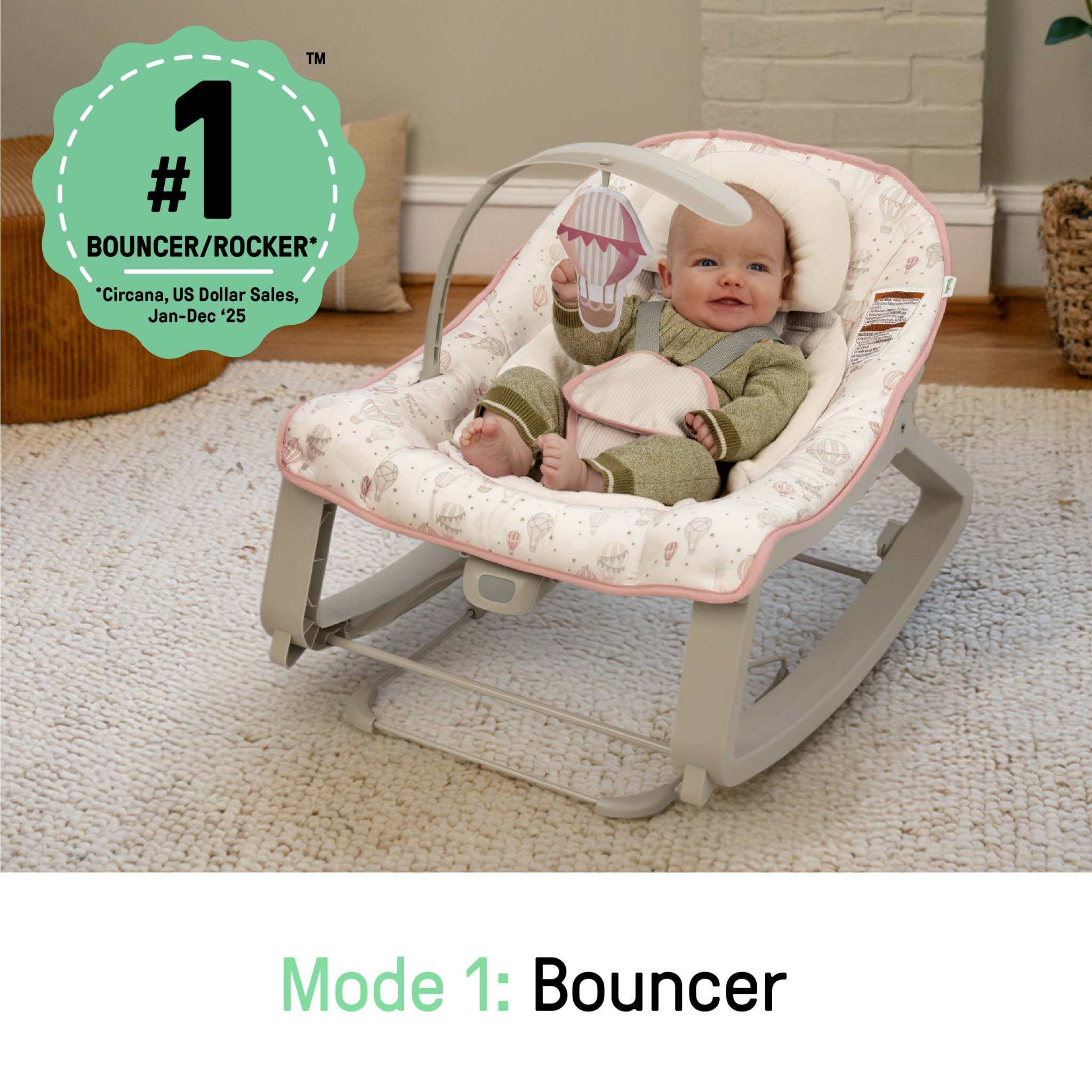 Ingenuity Keep Cozy Baby Bouncer and Toddler Rocker Chair in neutral colors with plush elephant toy and adjustable reclining seat
