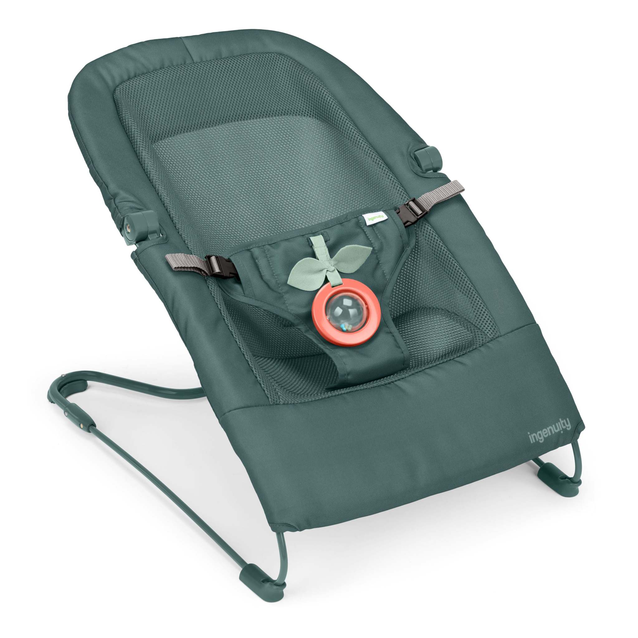 Lightweight Stow & Go Compact Folding Bouncer with fold-flat design, CalmTouch Vibe-Pod, removable rattle toy, and 3-point harness for baby comfort and safety.